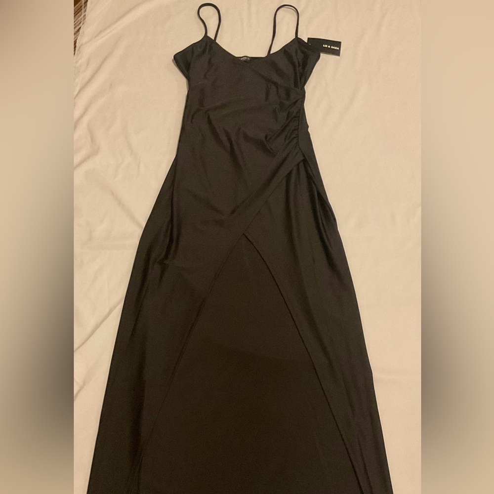 Liz & Sara black spaghetti strapped split thigh dress